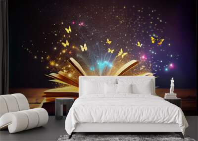 Opened magic fantasy book with magical flying butterflies above upwards Wall mural