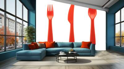 set of red plastic spoon, fork and knife isolated on white background Wall mural