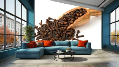 dried herb, dried cloves in the wooden scoop, isolated on white Wall mural