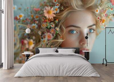 Portrait of women with flower in the hair, beauty and fashion, subtle and natural make up, romantic flowers.  Wall mural