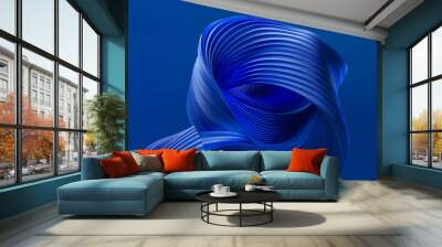 Sculptural blue ribbon forms on navy background. 3D abstract digital art with a focus on shape and form. Conceptual design for poster, banner, wallpaper. Wall mural