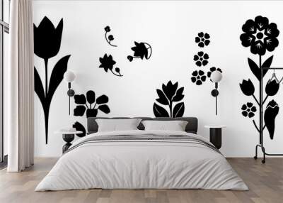 Tulip flowers decoration doodle set. Collection of hand drawn various blooming tulip floral pattern decorations wallpaper in rows isolated on transparent background Wall mural