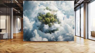 A nature-themed naturalism art of planet Earth with continents covered by giant trees and enveloped by white clouds. The background is white clouds. Created with Generative AI. Wall mural