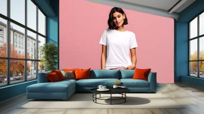 A woman wearing white tshirt mockup, at pink background. Design tshirt mock-up, print presentation mock-up. AI generated. Wall mural