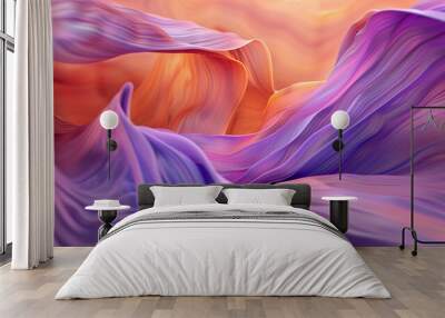 Abstract dreamscape of flowing fabrics in light purple and orange. Fantasy motion inspired by nature's textured leaves. Wall mural