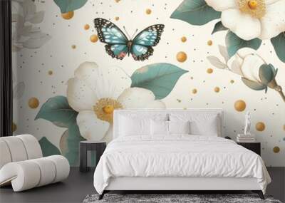 Colorful and elegant vintage floral painting with camellias, gold dots and butterflies.  Wall mural