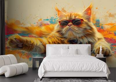 Cool pop art poster of Persian cat with long fur in sunglasses on abstract colorful background.  Wall mural