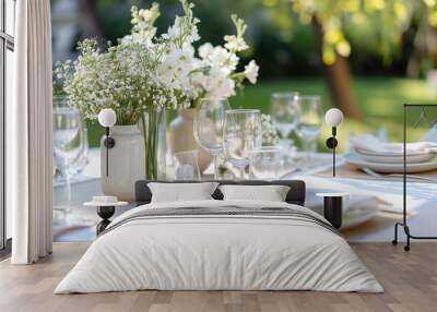 elegance table setting for party, event, banquet, wedding outdoors with gentle pure white flowers. Wall mural