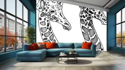 Giraffe heads  vector linear drawing for coloring or children's book graphics ink. Funny cartoon image zoo animal. Illustration of a wild mammal male and female outline. Subtle traced pattern Wall mural