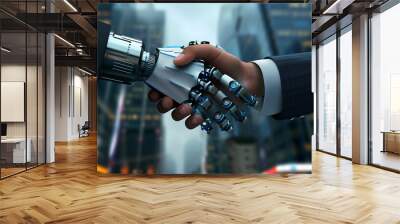 Human leader shaking hands with robot partner, demonstrating the combination of human with AI technology in business innovation. Wall mural