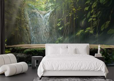 Podium product display blends into nature with stone table on waterfall background. Wall mural