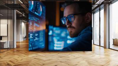 Side view of concentrated man in eyeglasses working on computer. Cyber security concept. Wall mural