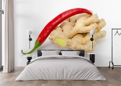 Ginger root and red chili on a white background Wall mural