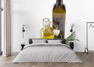 Green olives, two bottles of olive oil and olive branch Wall mural