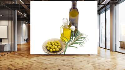 green olives, two bottles of olive oil and olive branch Wall mural