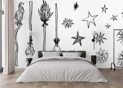 Vector set of hand drawn magic items flying broom and stars. Occult theme halloween clip art witch magic symbols. Line drawing minimalistic black outline ink style engraving graphics primitive flat	 Wall mural