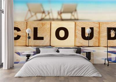 Cloud word on wooden cube on mosaic border. Big data cloud service concept Wall mural