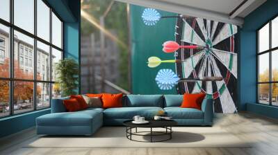 Darts target closeup. Success hitting target aim goal achievement concept Wall mural