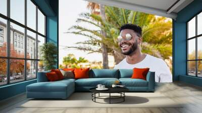 Young american man on the beach at sunset with palm tree in the background Wall mural