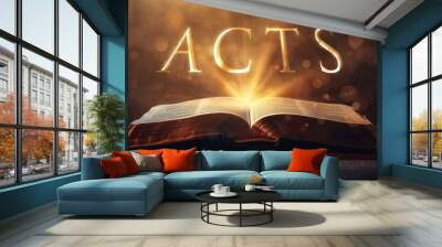 Book of Acts.  Open bible revealing the name of the book of the bible in a epic cinematic presentation. Ideal for slideshows, bible study, banners, landing pages, religious cults and more. Wall mural