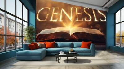 Book of Genesis. Open bible revealing the name of the book of the bible in a epic cinematic presentation. Ideal for slideshows, bible study, banners, landing pages, religious cults and more Wall mural