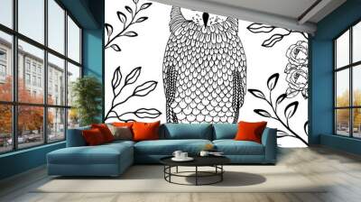 coloring book for children and adults. owl with a flower on a tree branch. Wall mural