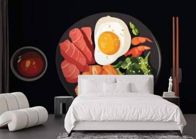 Japanese Food Bowl with Egg and Fish on Black Background Flat Vector Wall mural