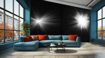 Dynamic white Celestial Explosion set. Black Background with Glowing silver Sunburst, Digital Lens Flare, and Color-Adjusted Light Rays Wall mural