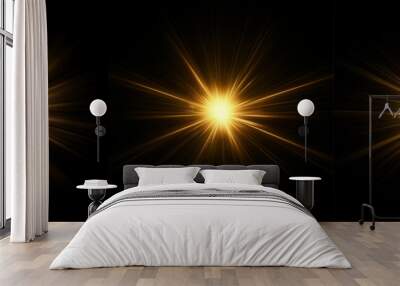 Dynamic yellow Celestial Explosion set. Black Background with Glowing golden Sunburst, Digital Lens Flare, and Color-Adjusted Light Rays Wall mural