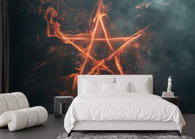 flaming pentagram - fantasy pentagram star in flames, fire, smoke and mist - black background - witc Wall mural