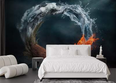 Four elements of nature in a stunning artistic design. All four elements forming a circular shape. Earth, wind, fire, air, water. Cinematic dark background featuring the elements in the center. Wall mural