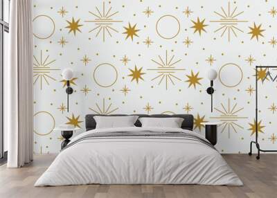 Gold celestial line art pattern on a white background, stars, and moon. Wall mural