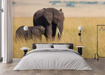 African elephant (Loxodonta africana) with calf, Masai Mara National Reserve, Kenya, Africa. Wall mural