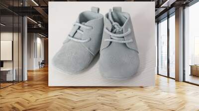 Isolated pair of blue suede leather baby shoes, cute children lace-up soft sole footwear, toddler's fashionable clothing and accessories, shopping ideas for baby showers or as gift for the little ones Wall mural