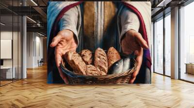 Jesus holding a basket with fish and bread. Biblical-themed artwork featuring fish and bread, symbolizing the miracle of feeding the multitude. Jesus blessing the bread and fish. Community Concept Wall mural