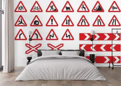 
Vector road warning signs. Road works are in progress. Crosswalk. Side wind Wall mural