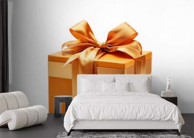 Orange golden gift box with ribbon. Transparent PNG background. Birthday present mockup. Closed square surprise box. Ideal for promotional campaigns, black Friday, valentines, Christmas, mother's day. Wall mural