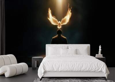 Pentecost concept art. Glowing white dove of the holy spirit descending upon a African American man. Man on his knees receiving the holy ghost symbolized by a white glowing dove of fire. Wall mural