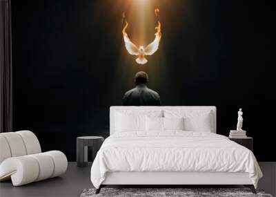 Pentecost concept art. Glowing white dove of the holy spirit descending upon a young christian man. Man on his knees receiving the holy ghost symbolized by a white glowing dove of fire. Wall mural