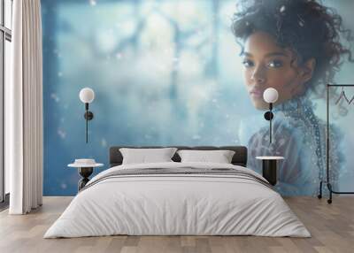 Pretty young black woman in a blue fantasy dress. Hair pulled up. Retro vintage historical romance fairy tale style ball dress. African american female collection. Black teen girl. winter bokeh Wall mural