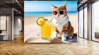 Cat in sunglasses and a glass of lemonade on tropical background. Summer vacation. Travel. Wall mural