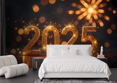 New Year card for the year 2025 with beautiful background. A happy new year is in the center of attention. The surroundings are emphasized. Fireworks and bright colors.  Wall mural