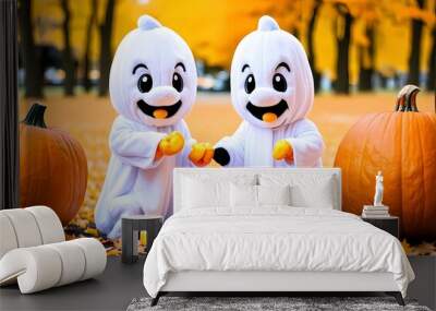 Two cute ghosts collect candy in a bright fall setting filled with pumpkins and fallen leaves. Wall mural