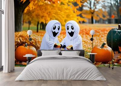 Two cute ghosts collect candy in a bright fall setting filled with pumpkins and fallen leaves. Wall mural