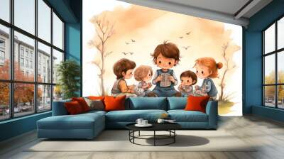 there are three children sitting on the ground reading a book Wall mural