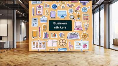 Big business set with colorful hand drawn clipart in doodle style. Vector illustrations isolated. Briefcase, lamp, money and finances, laptop, computer, planner, calendars, target, deadline, chart. Wall mural