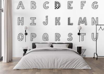 Doodle funky 3d alphabet set with hand drawn outline and memphis decoration. Patterned bold font with shadow. Funny latin black and white ABC with uppercase letters for poster, design template Wall mural