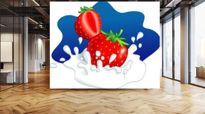 two strawberries splashing in milk. vector illustration Wall mural