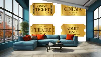 Vector set of admit one tickets template. Golden ticket for cinema,movie,circus,theatere,film,festival,casino,club,music etc. Event admission, entrance pass set .Vector illustration Wall mural