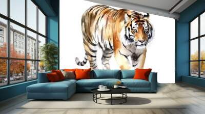 Watercolor tiger isolated on white background. Hand painted watercolor illustration. Tiger walking. Paint strokes. Ink drops. Wall mural